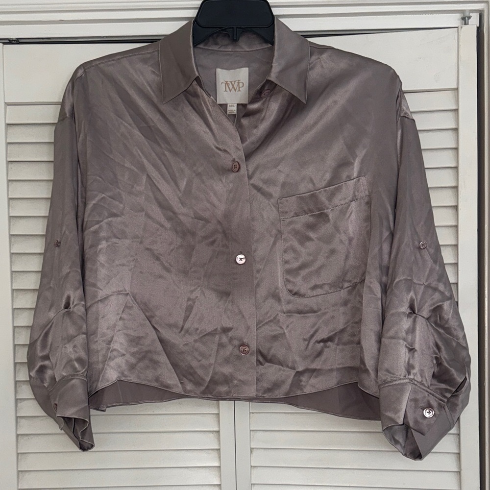 TWP Satin Button-Front Crop Blouse in Taupe